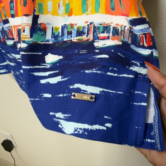 Jones‎ New York Women Novelty Top Large Blue Split Neck Greece Rivier 3/4 Sleeve - Picture 5 of 9